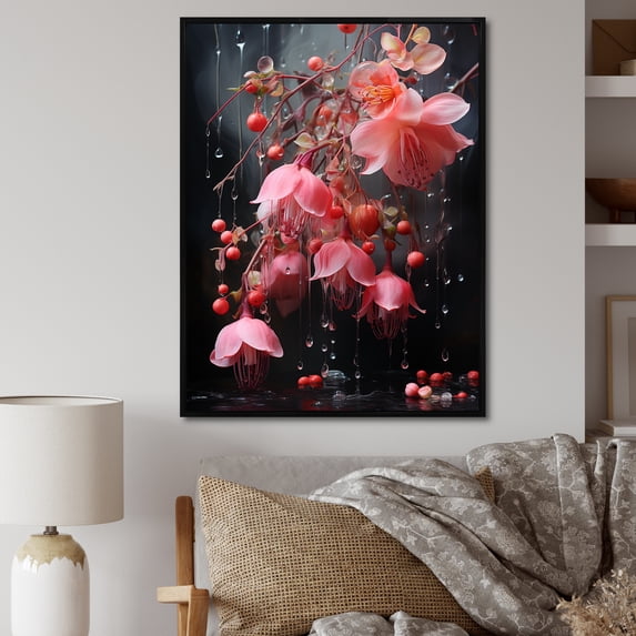 Designart "Crystal Pink Fuchsia Blooms II" Floral Framed Wall Art - Traditional Pink Fuschia Hallway Framed Wall Art Decor