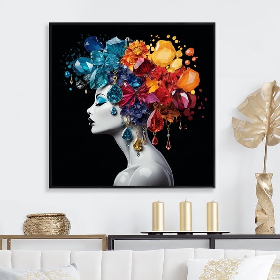 Designart "Crystal and Flower Hair Urban Elegance Woman IV" Fashion Framed Wall Art - Colorful Fashion Woman Entryway Framed Wall Art