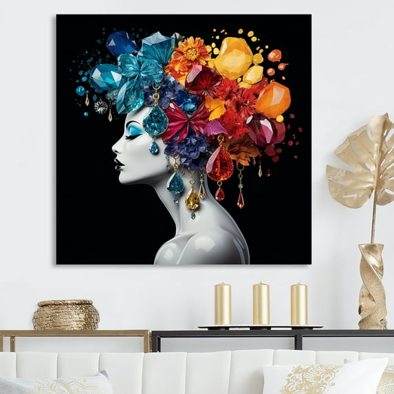 Designart "Crystal and Flower Hair Urban Elegance Woman IV" Fashion Wall Art - Glam Colorful Fashion Woman Entryway Wall Art