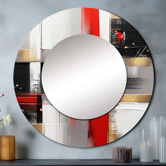 Designart "Cubic Abstract in Red and Gold I" Cubism Rund Mirror For Wall Decor - Large Red Round Print Mirror - Round Mid-Century Mirror 29" x 29" Inch - Wall Mounted Round Large Mirror