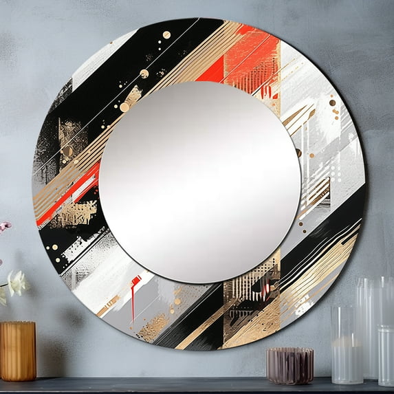 Designart "Cubic Abstract in Red and Gold II" Cubism Round Mirror Wall Décor Mid-Century - Large Red Round Mirror - Round Mirror 23" x 23" Inch