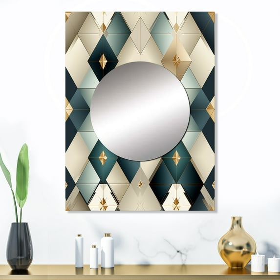 Designart "Cubic Harmony In Teal And Grey Marble" Geometric Mirror Wall Decor - Modern Teal Geometric Mirror Wall Art For Bathroom - 32" x 24" Inch