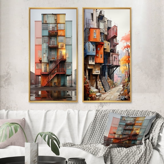 Designart "Cubic Industrial Palette of Warehouses IV" Warehouses Framed Wall Art Set Of 2 - Multi-Color Architecture Frame Gallery Set For Office Decor
