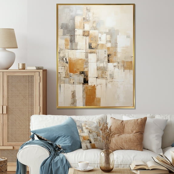 Designart "Cubic Perspective In Beige And Gold" Abstract Collages Floater Framed Wall Art Living Room