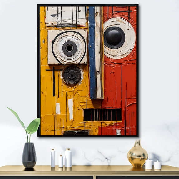 Designart "Cubic Uprising of Yellow and Red Robot" Fashion Framed Wall Art - Modern Yellow Science Fiction Bedroom Framed Canvas Wall Art