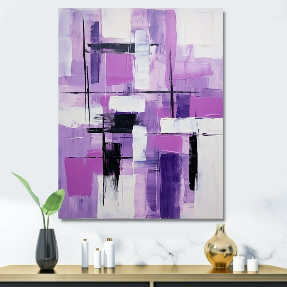 Designart "Cubism Brush in Tachisme Purple III" Abstract Canvas Wall Art - Modern Purple Tachisme Hallway Wall Art Decor