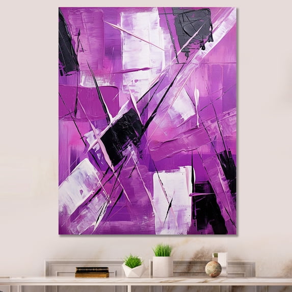 Designart "Cubism Brush in Tachisme Purple IV" Abstract Canvas Wall Art - Modern Purple Tachisme Living Room Canvas Art