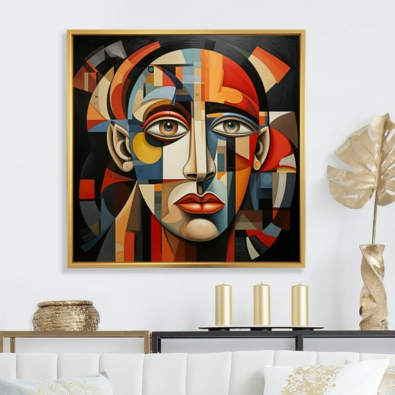 Designart "Cubism Portrait Inspired by Pablo Picasso II" Fashion Framed Wall Art - Glam Red Woman Abstract Entryway Framed Wall Art