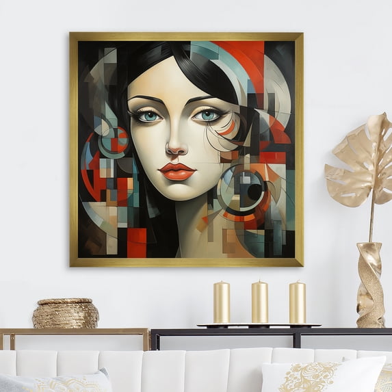 Designart "Cubism Portrait Inspired by Pablo Picasso III" Fashion Framed Wall Art Decor - Glam Black Woman Abstract Hallway Framed Wall Art Decor