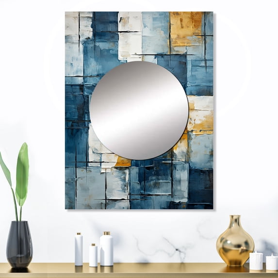 Designart "Cubism Shapes In Cerulean" Abstract Shapes Mirror Wall Decor - Modern Blue Abstract Mirror Wall Art For Entryway - 32" x 24" Inch