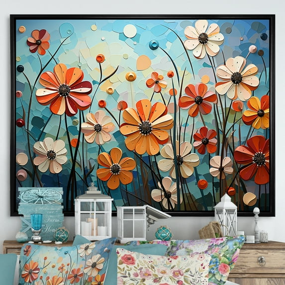 Designart "Cubist Collage Of Zinnias Blossoms II" Zinnias Floater Framed Wall Art Prints