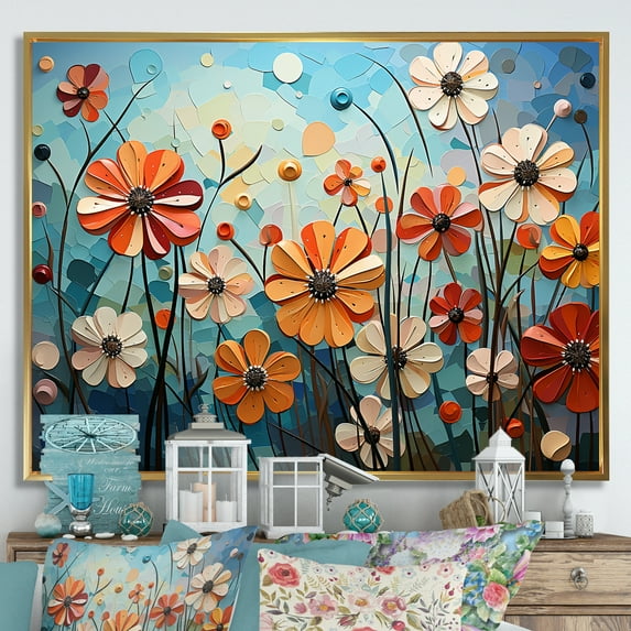 Designart "Cubist Collage Of Zinnias Blossoms II" Zinnias Floater Framed Wall Art Prints