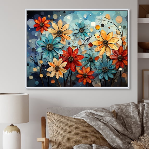 Designart "Cubist Collage Of Zinnias Blossoms" Zinnias Floater Framed Wall Decor