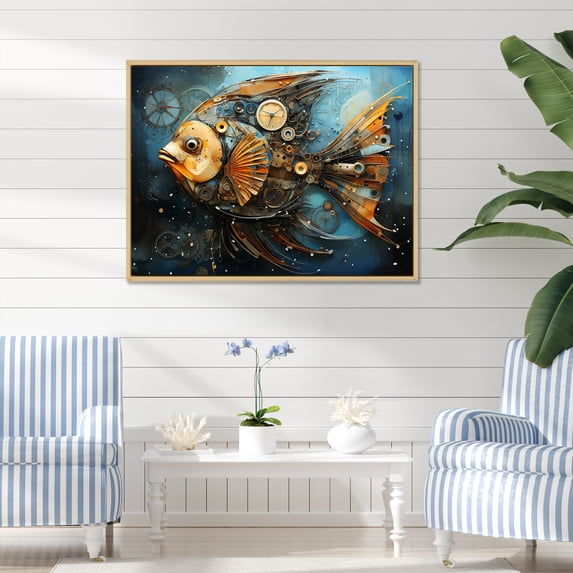 Designart "Cubist Collage of Blue Fish with Yellow Tones" Animals Framed Wall Art - Modern Yellow Butterfly Fish Entryway Framed Wall Art Print