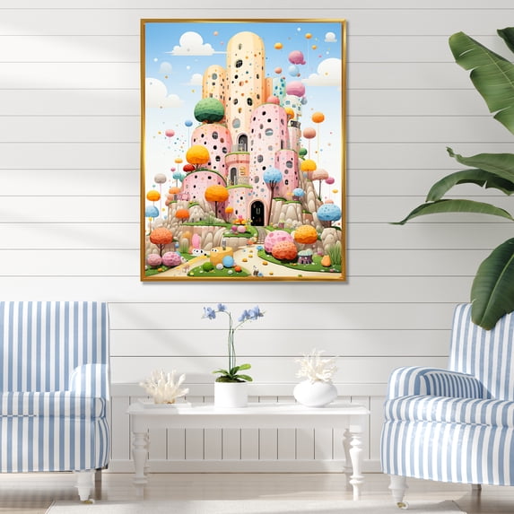 Designart "Cubist Coral Castle Children's Artwork" Animals Framed Wall Art - Modern Pink Coral Bedroom Framed Canvas Wall Art