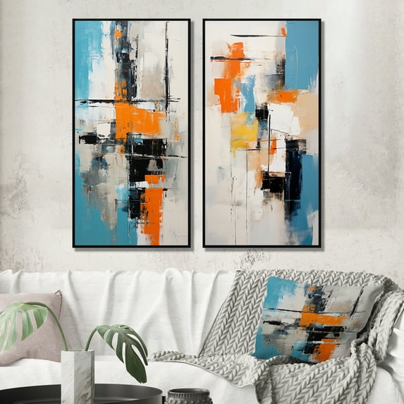 Designart "Cubist Explorations Deconstructed Minimalism III" Abstract Painting Framed Wall Art Set Of 2 - Modern Blue Frame Gallery Set For Office Decor