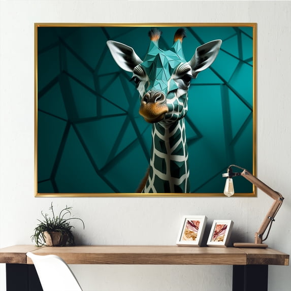 Designart "Cubist Grace Of The Green Giraffe II" Animals Giraffe Floater Framed Wall Art Living Room