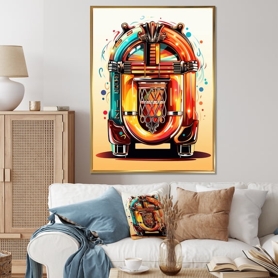 Designart "Cubist Harmonies Jukebox Artistry I" Fashion Framed Wall Art - Modern Red Jukeboxes Entryway Framed Wall Art