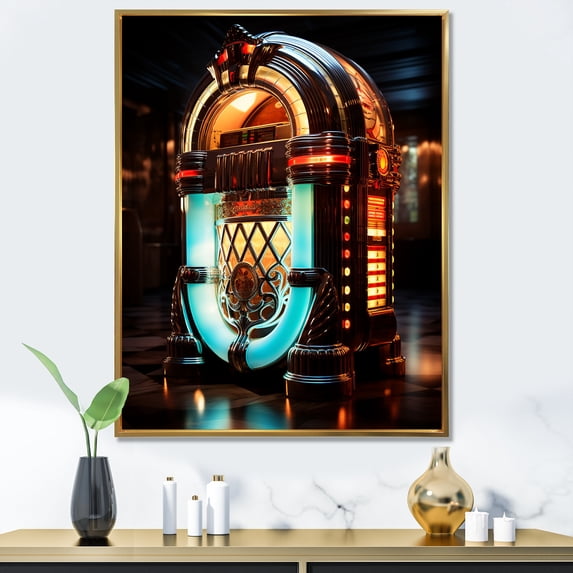 Designart "Cubist Harmonies Jukebox Artistry II" Fashion Framed Wall Art - Modern Green Jukeboxes Entryway Framed Wall Art Print