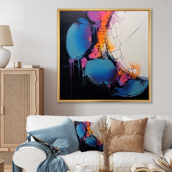 Designart "Cubist Ink Expression in Blue and Pink III" Abstract Framed Wall Art - Pink Abstract Fractal Entryway Framed Wall Art