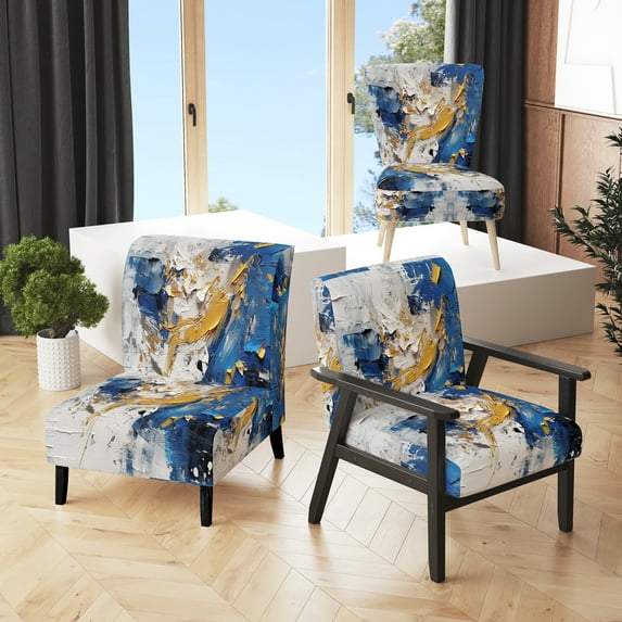 Designart "Cubist Kaleidoscope Blue Yellow Harmony" Blue Cubism Upholstered Accent Chair - Modern Arm Chair For Living Room