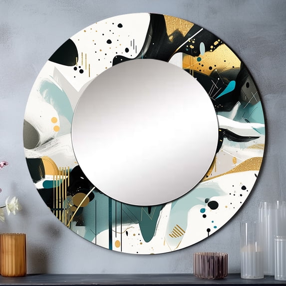 Designart "Cubist Kaleidoscope in Teal and Gold III" Cubism Teal Large Round Mirror - Round Mirror Wall Décor - Mid-Century Round Printed Mirror 29" x 29" Inch
