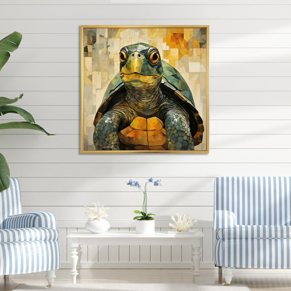Designart "Cubist Olive Green Turtle" Animals Turtle Floater Framed Wall Art Living Room