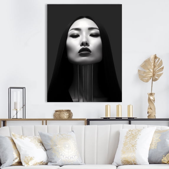 Designart "Cubist Photography of Asian Woman in Black & White II" Fashion Canvas Wall Art - Glam Black Woman Asian Entryway Wall Art Print