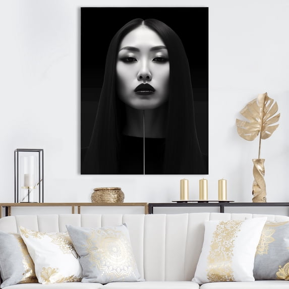 Designart "Cubist Photography of Asian Woman in Black & White III" Fashion Canvas Wall Art - Glam Black Woman Asian Entryway Wall Art