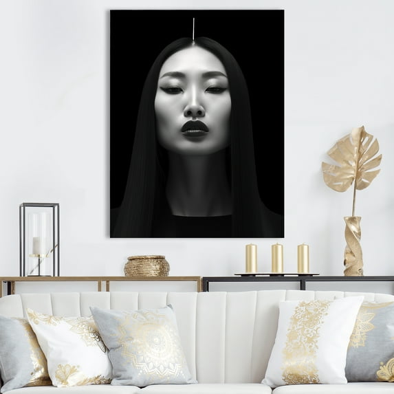 Designart "Cubist Photography of Asian Woman in Black & White IV" Fashion Canvas Wall Art - Glam Black Woman Asian Hallway Wall Art Decor