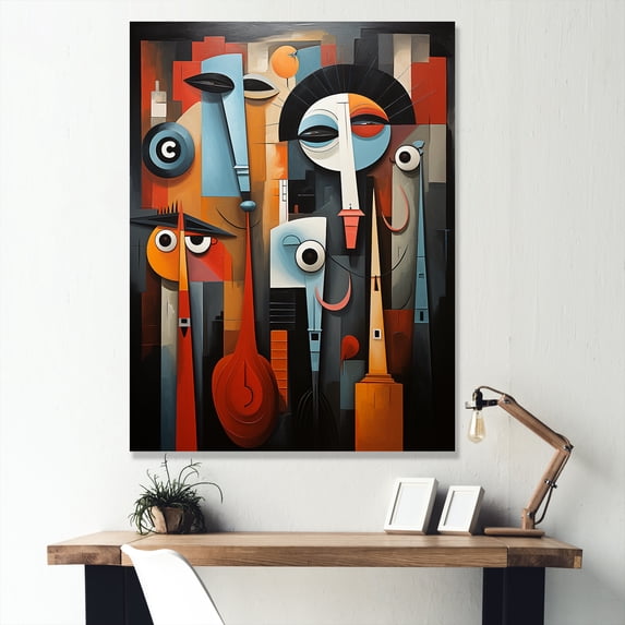 Designart "Cubist Portrait of Music Performance IV" Fashion Canvas Wall Art - Modern Multicolor Theater Entryway Wall Art