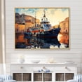 thumbnail image 1 of Designart "Cubist Portraits Fishing Boat Scenes" Coastal Framed Wall Art - Coastal Yellow Coastal Boat Entryway Framed Wall Art Print, 1 of 6