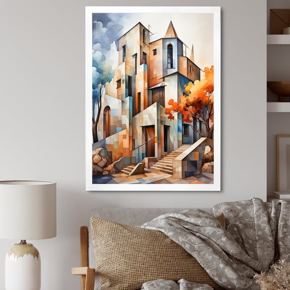 Designart "Cubist Religious Landscape Chapel Edition III" Spiritual Framed Wall Art - Cabin Yellow Church Bedroom Framed Canvas Wall Art