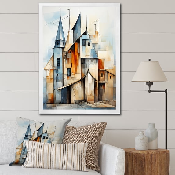 Designart "Cubist Religious Landscape Chapel Edition IV" Spiritual Framed Wall Art - Cabin Yellow Church Entryway Framed Wall Art Print