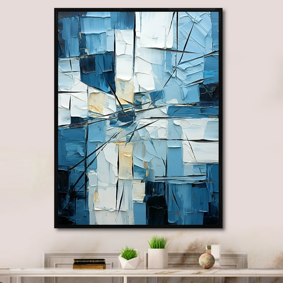 Designart "Cubist Struggle In Blue And White" Abstract Shapes Floater Framed Wall Art Living Room