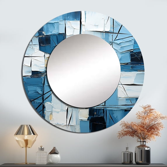 Designart "Cubist Struggle In Blue And White" Abstract Shapes Blue Large Round Mirror - Round Bedroom Mirror Wall Decor - Modern Round Printed Mirror - 23" x 23"