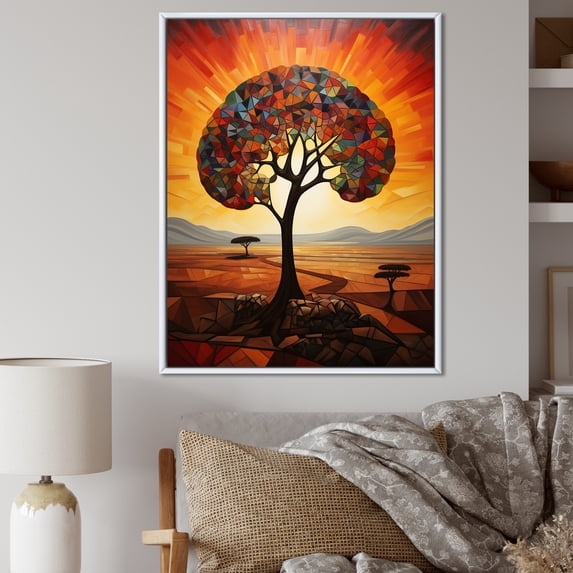 Designart "Cubist Tree Landscape in Africa IV" Floral Framed Wall Art - Global Brown Tree African Entryway Framed Wall Art