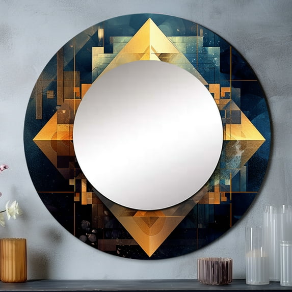 Designart "Cubist Visions in Gold III" Cubism Rund Mirror For Wall Decor - Large Gold Round Printed Mirror - Industrial Round Mirror 23" x 23" Inch