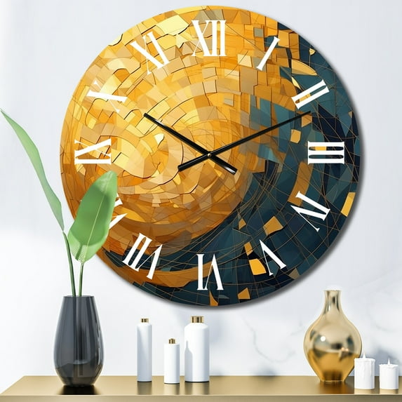 Designart "Cubist Visions in Gold and Black VI" Cubism Oversized Wall Clock