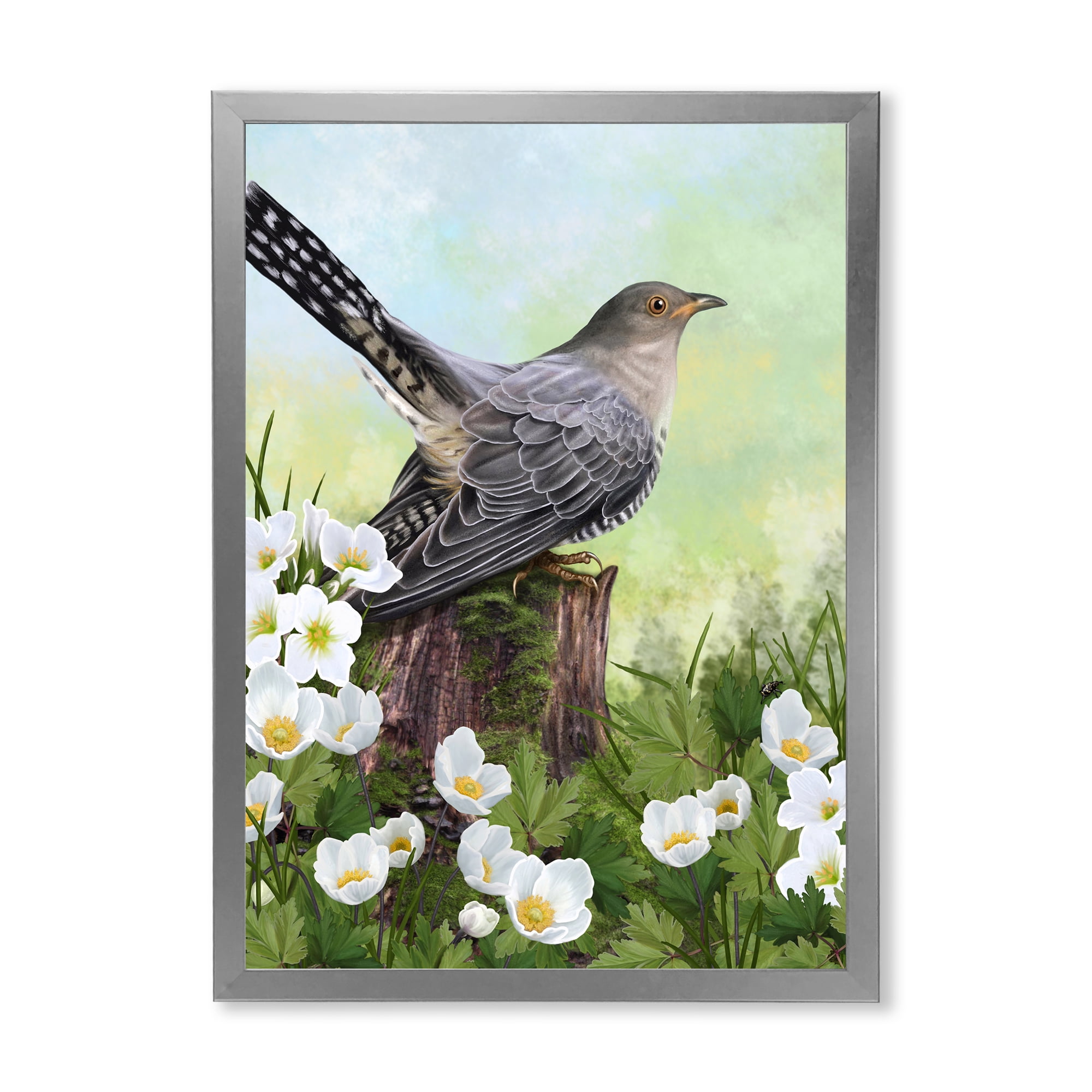 Designart 'Cuckoo Bird On An Old Stump and White Flowers' Traditional Framed Art Print