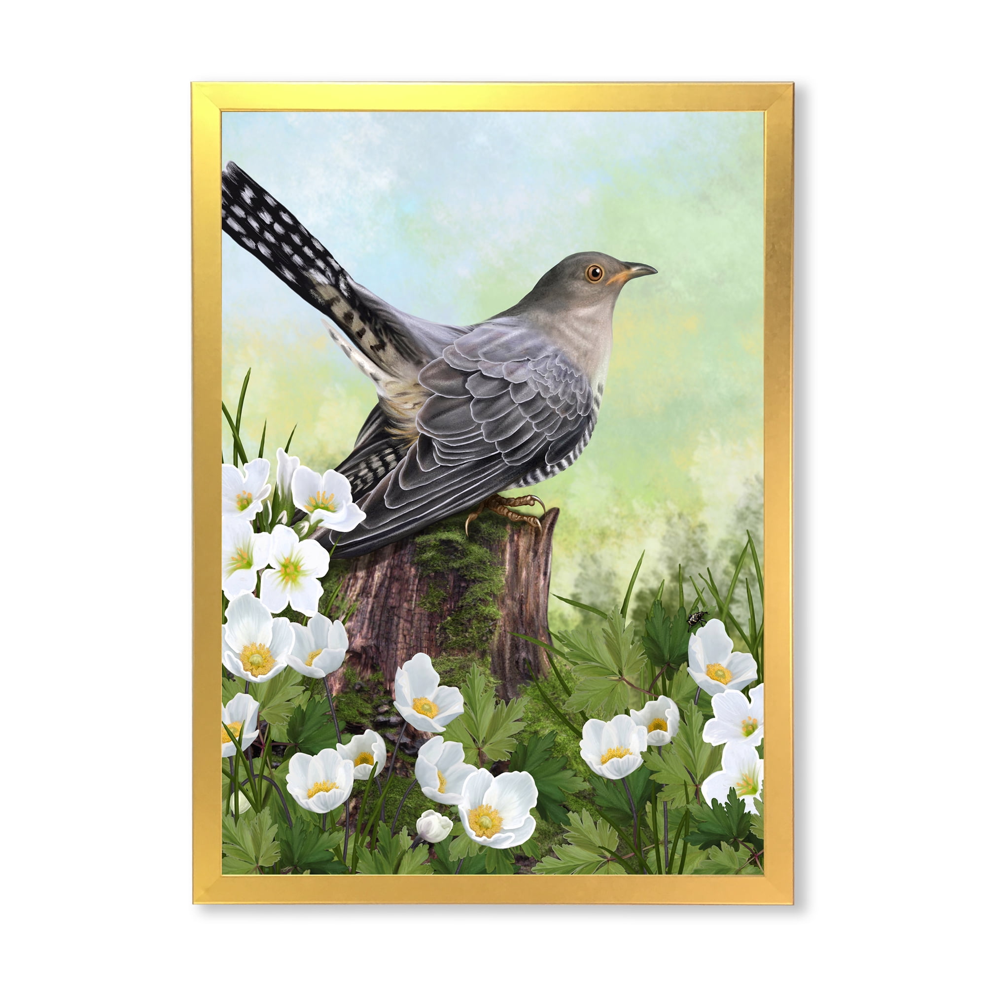 Designart 'Cuckoo Bird On An Old Stump and White Flowers' Traditional Framed Art Print
