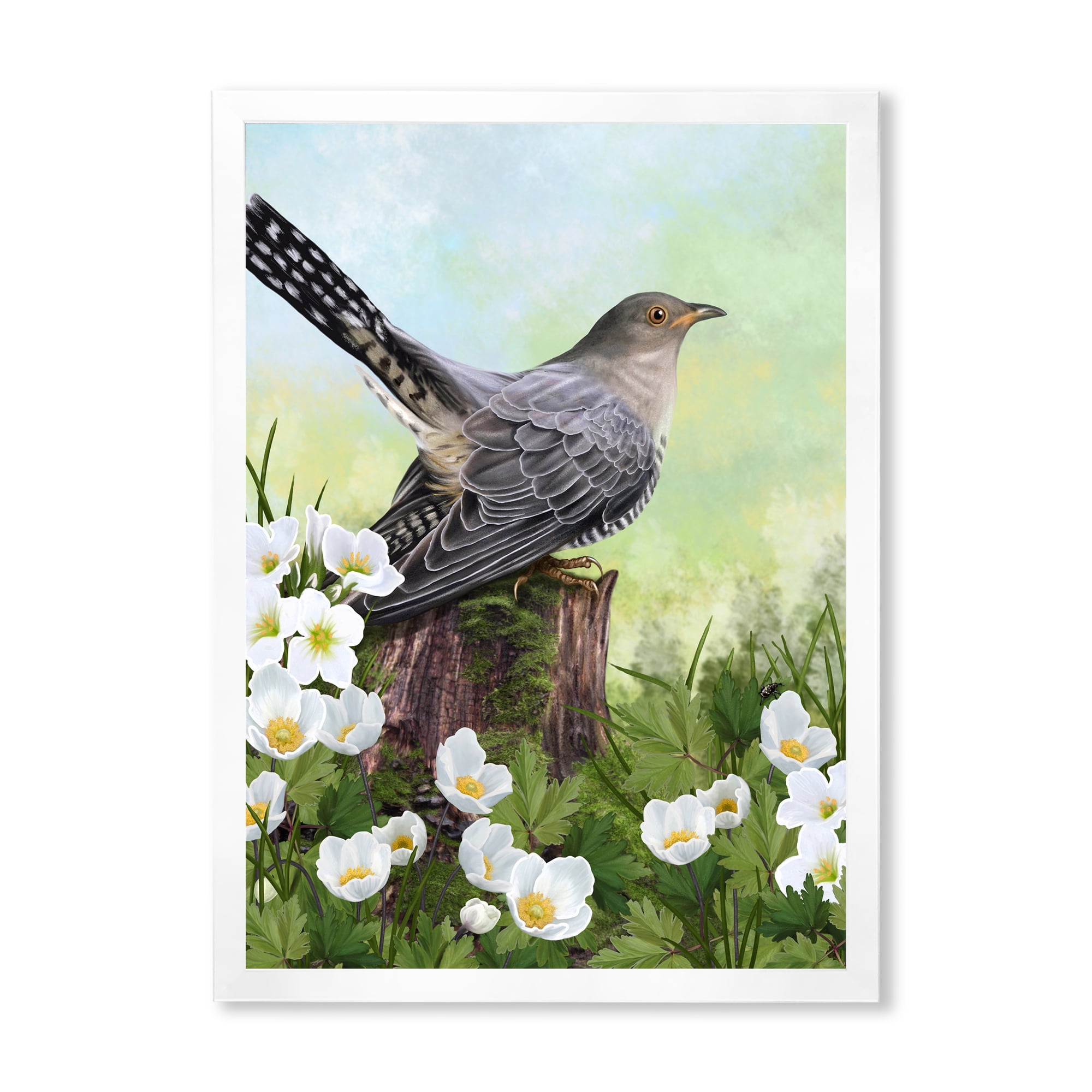 Designart 'Cuckoo Bird On An Old Stump and White Flowers' Traditional Framed Art Print