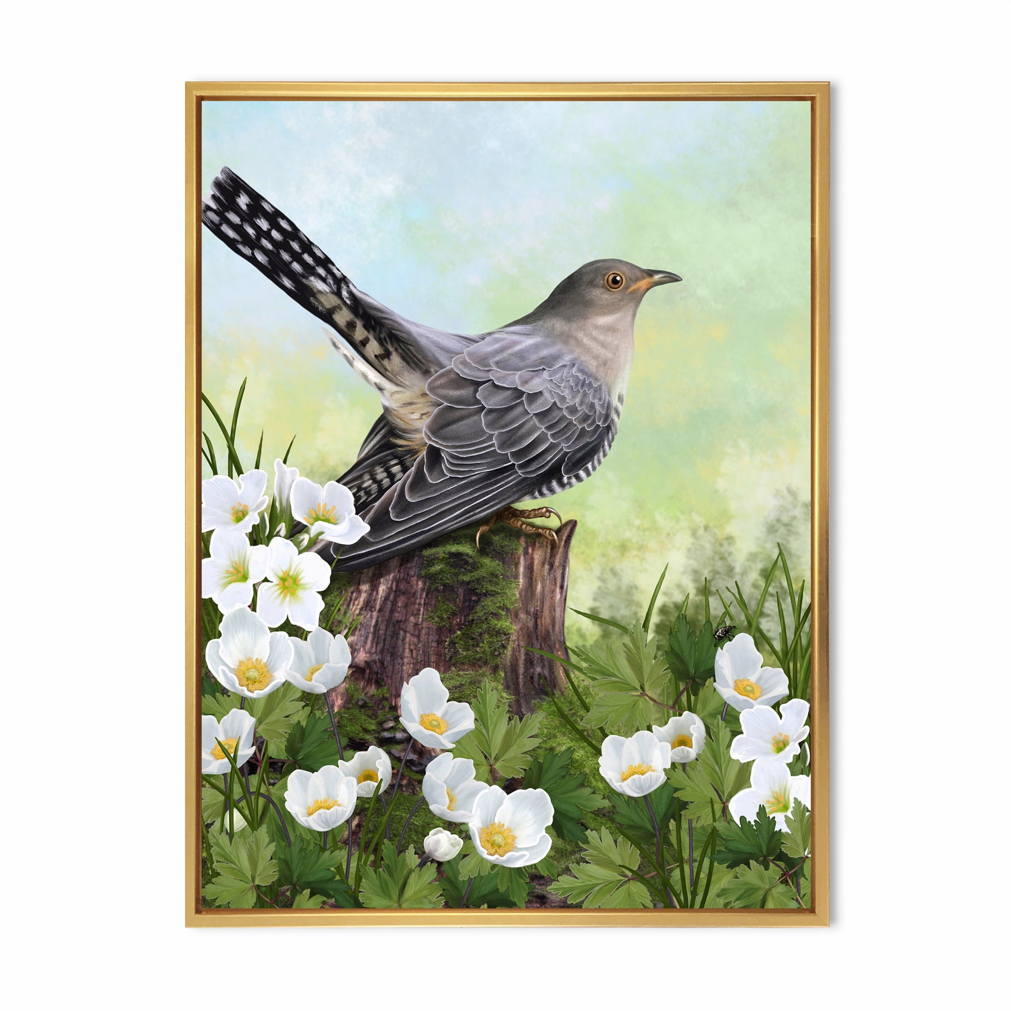 Designart 'Cuckoo Bird On An Old Stump and White Flowers' Traditional Framed Canvas Wall Art Print