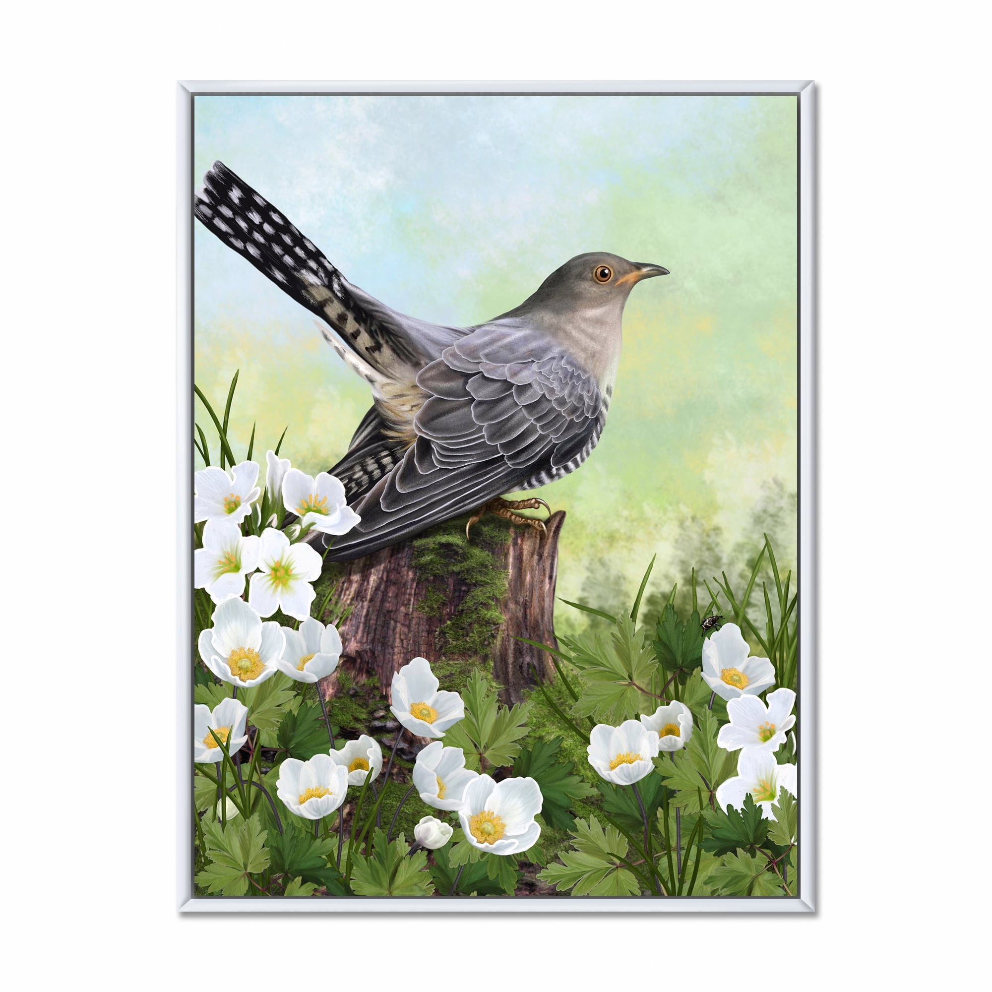 Designart 'Cuckoo Bird On An Old Stump and White Flowers' Traditional Framed Canvas Wall Art Print
