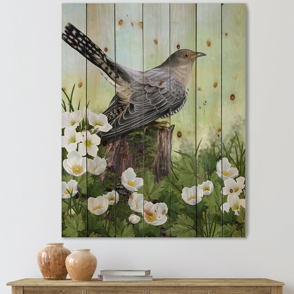 Designart 'Cuckoo Bird On An Old Stump and White Flowers' Traditional Print on Natural Pine Wood