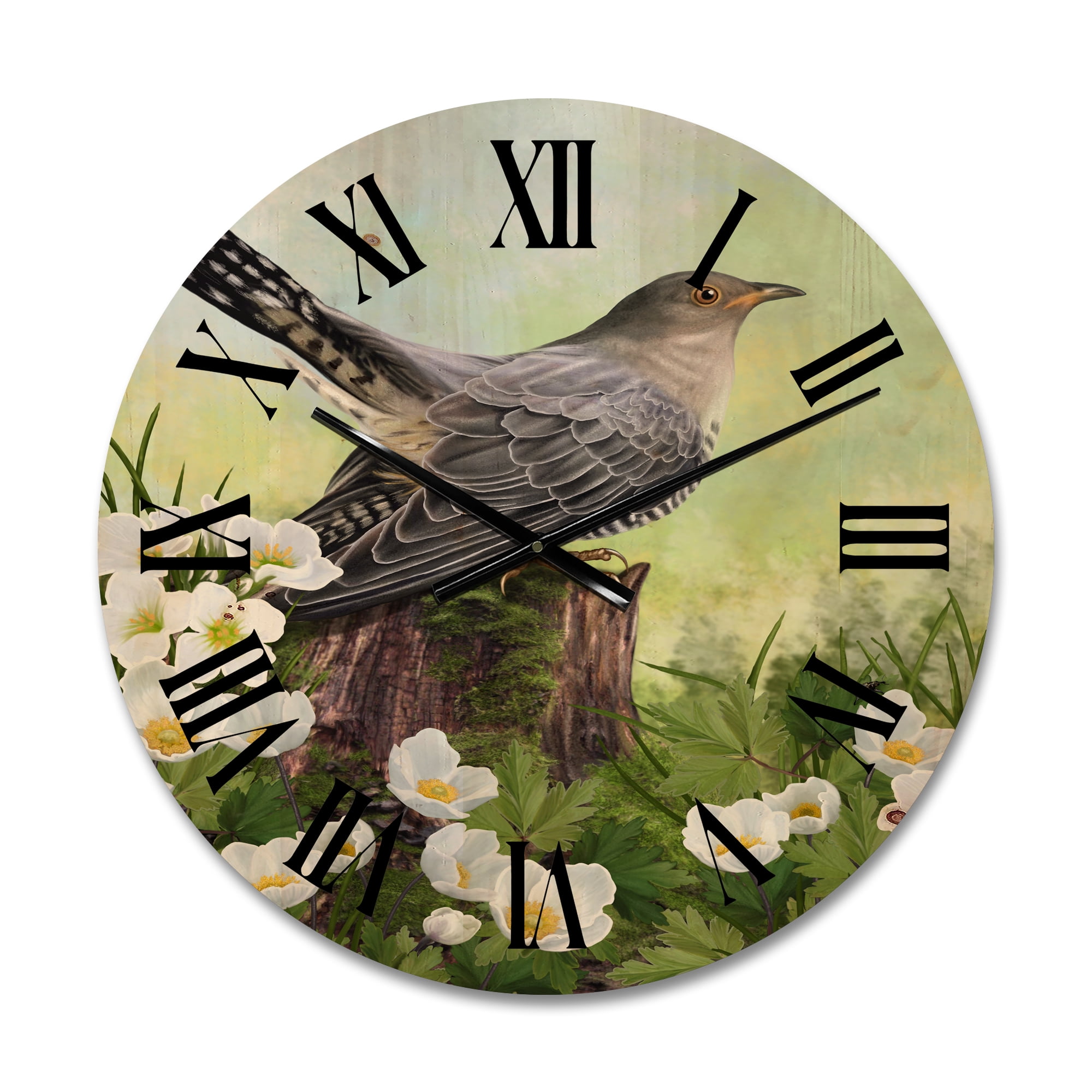 Designart 'Cuckoo Bird On An Old Stump and White Flowers' Traditional Wood Wall Clock