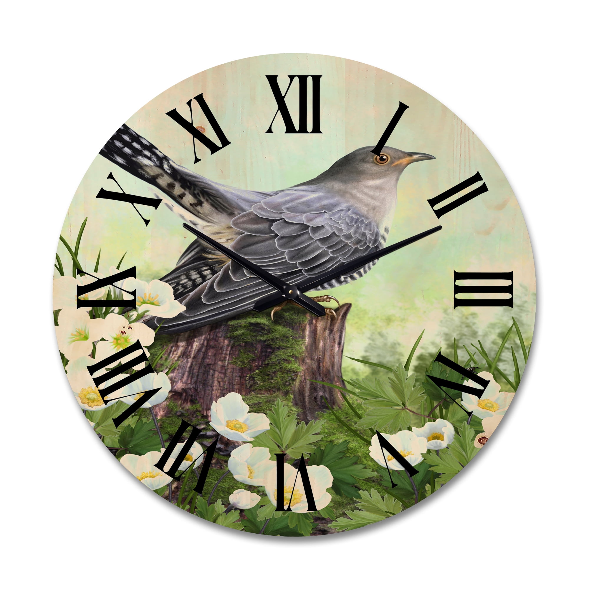 Designart 'Cuckoo Bird On An Old Stump and White Flowers' Traditional Wood Wall Clock