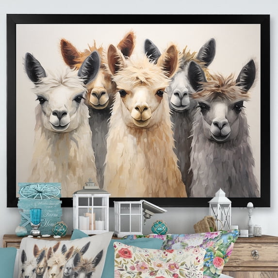 Designart "Curious Alpacas Collage In Beige And Grey" Alpacas Picture Framed Canvas Art Print