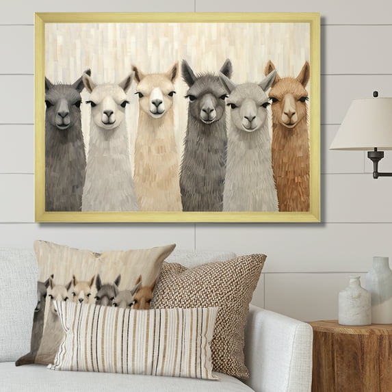 Designart "Curious Alpacas Collage In Beige And Grey II" Alpacas Picture Framed Wall Art Living Room