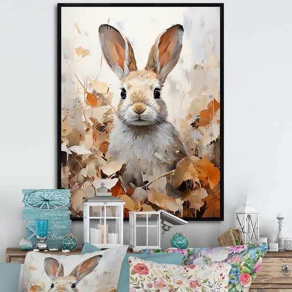 Designart "Curious Bunny'S Charming Encounter With Foliage" Animals Rabbit Floater Framed Wall Art Prints